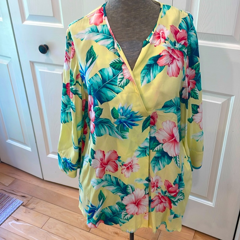 Tommy Bahama yellow and pink hibiscus floral viscose oversized shirt